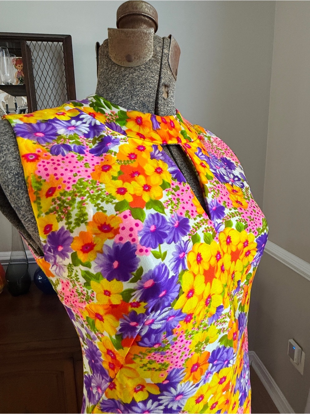 Vtg OOAK 60s/70s Mod Floral Daisy Day Glo Handmade Maxi Dress Sz Sm - Picture 2 of 13